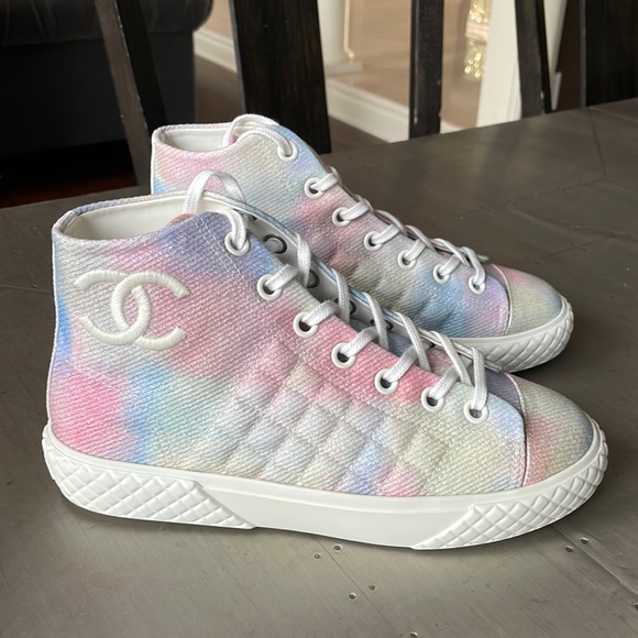CHANEL Shoes - Chanel white pink multi color high top quilted sneakers trainers flats sz 38